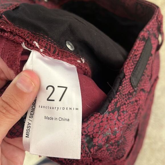 Sanctuary Denim Ankle Skinny Jeans Red Black Snake Coated Pants 27 Y2K Goth - Picture 12 of 12